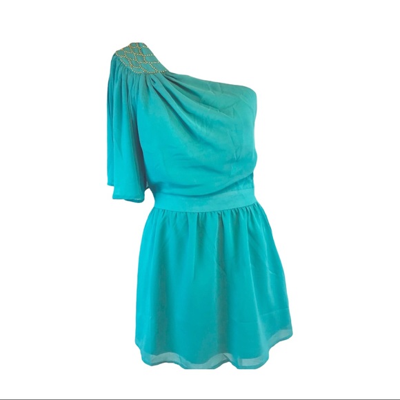 Umgee One Shoulder Chiffon Lined Dress Studded Accent Turquoise Size Small NWT - Picture 9 of 9
